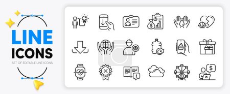 Illustration for Download, Divorce lawyer and Manual line icons set for app include Safe water, Scroll down, Ferris wheel outline thin icon. Cloudy weather, Id card, Food app pictogram icon. Vector - Royalty Free Image