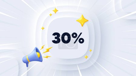Illustration for 30 percent off sale tag. Neumorphic banner with sunburst. Discount offer price sign. Special offer symbol. Discount message. Banner with 3d megaphone. Circular neumorphic template. Vector - Royalty Free Image
