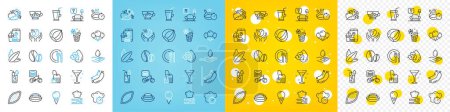 Illustration for Vector icons set of Hazelnut, Sunflower seed and Cold coffee line icons pack for web with Coffee beans, Ice creams, Food delivery outline icon. Ice cream, Recycle water, Frying pan pictogram. Vector - Royalty Free Image