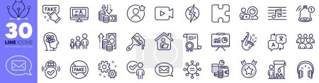 Illustration for Painter, Brush and Fake information line icons pack. Work home, Musical note, Reminder web icon. Deflation, Verified internet, Work pictogram. Video camera, Jazz, Verification person. Vector - Royalty Free Image