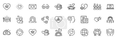 Illustration for Icons pack as Divorce lawyer, Valentine and Heart line icons for app include Social media, Rainbow, Hold heart outline thin icon web set. Miss you, Lgbt, Woman love pictogram. Love you. Vector - Royalty Free Image