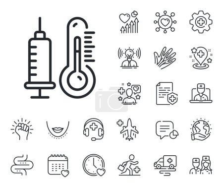 Illustration for Temperature diagnostic sign. Online doctor, patient and medicine outline icons. Thermometer with vaccine line icon. Fever measuring symbol. Thermometer line sign. Vector - Royalty Free Image