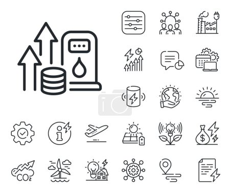 Illustration for Petrol price sign. Energy, Co2 exhaust and solar panel outline icons. Fuel prices line icon. Diesel rate symbol. Fuel price line sign. Eco electric or wind power icon. Green planet. Vector - Royalty Free Image