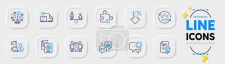 Illustration for Certificate, Partnership and Financial goal line icons for web app. Pack of Food delivery, Loyalty points, Equity pictogram icons. Delivery truck, Low percent, Fireworks stars signs. Vector - Royalty Free Image