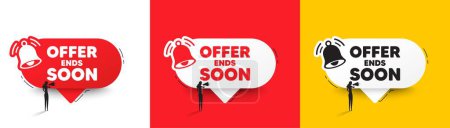 Illustration for Offer ends soon tag. Speech bubbles with bell and woman silhouette. Special offer price sign. Advertising discounts symbol. Offer ends soon chat speech message. Woman with megaphone. Vector - Royalty Free Image