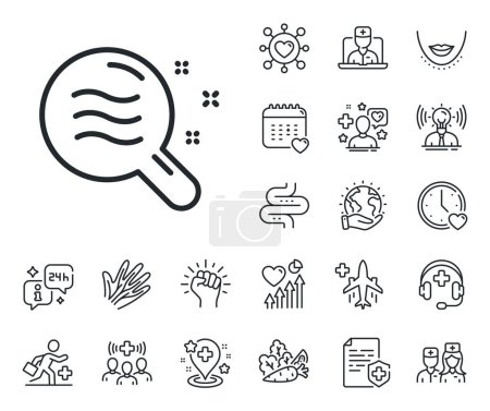 Illustration for Search magnifier sign. Online doctor, patient and medicine outline icons. Skin condition line icon. Skin condition line sign. Veins, nerves and cosmetic procedure icon. Intestine. Vector - Royalty Free Image