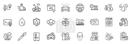 Illustration for Icons pack as Add gift, Ice creams and Checklist line icons for app include Delivery truck, Ad, Truck delivery outline thin icon web set. Brush, Car leasing, Business idea pictogram. Vector - Royalty Free Image