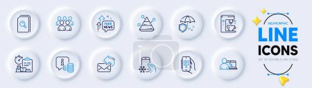 Illustration for Delivery report, Fake news and Coffee maker line icons for web app. Pack of Pyramid chart, Search files, Refrigerator app pictogram icons. Group, Info, Umbrella signs. Share mail. Vector - Royalty Free Image