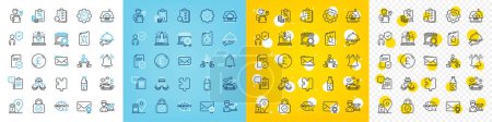 Illustration for Vector icons set of Time management, Notification bell and Restaurant food line icons pack for web with Puzzle, Insurance policy, Messenger mail outline icon. Security lock, Clipboard. Vector - Royalty Free Image