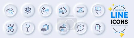 Illustration for Justice scales, Overeating pills and Online voting line icons for web app. Pack of Seo devices, Info app, Seo statistics pictogram icons. Chemistry atom, Musical note, Payment click signs. Vector - Royalty Free Image