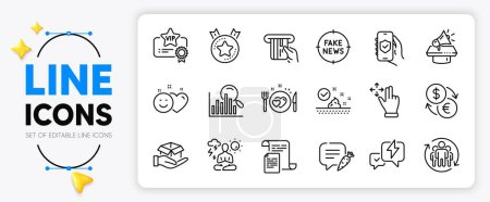 Illustration for Chat bubble, Documents and Currency exchange line icons set for app include Vip certificate, Hold box, Romantic dinner outline thin icon. Move gesture, Teamwork, Search pictogram icon. Vector - Royalty Free Image