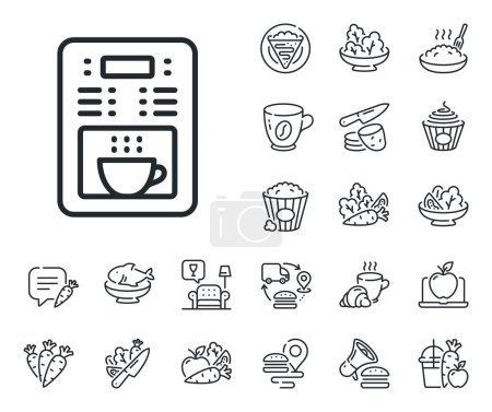 Illustration for Vending machine sign. Crepe, sweet popcorn and salad outline icons. Coffee maker line icon. Make tea symbol. Coffee maker line sign. Pasta spaghetti, fresh juice icon. Supply chain. Vector - Royalty Free Image
