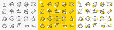 Illustration for Outline Trade chart, Wallet and Creative idea line icons pack for web with Download file, Dots message, Magistrates court line icon. Iron, Money, Workflow pictogram icon. Megaphone. Vector - Royalty Free Image