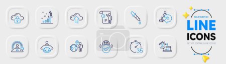 Illustration for Chemistry pipette, Cloud protection and Court judge line icons for web app. Pack of Work home, Manual doc, Development plan pictogram icons. Timer, Cloud upload, Verified internet signs. Vector - Royalty Free Image