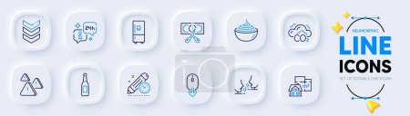 Illustration for Shoulder strap, Beer and Co2 line icons for web app. Pack of Project deadline, Cut tax, Pasta pictogram icons. Scroll down, Refrigerator, Talk signs. Floor plan, Attention, Info. Army rank. Vector - Royalty Free Image