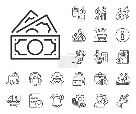 Illustration for Cash banknotes sign. Cash money, loan and mortgage outline icons. Money line icon. Savings profit symbol. Money line sign. Credit card, crypto wallet icon. Inflation, job salary. Vector - Royalty Free Image