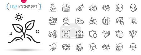 Illustration for Pack of Coronavirus injections, Grow plant and Skin cream line icons. Include Face detection, Organic tested, Difficult stress pictogram icons. Clean hands, Health skin, Fair trade signs. Vector - Royalty Free Image