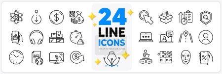 Illustration for Icons set of Qr code, Work home and Scroll down line icons pack for app with Touch screen, Dollar money, Time thin outline icon. Click here, Face biometrics, Wholesale goods pictogram. Vector - Royalty Free Image