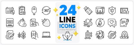 Illustration for Icons set of Notebook, User call and Scroll down line icons pack for app with Supply chain, Baggage size, Teamwork thin outline icon. Green energy, Upload photo, Copyright protection pictogram. Vector - Royalty Free Image