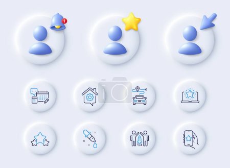 Illustration for Stars, Journey and Account line icons. Placeholder with 3d cursor, bell, star. Pack of Work home, Favorite app, Best laptop icon. Partnership, Chemistry pipette pictogram. Vector - Royalty Free Image