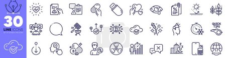 Illustration for Reject, Freezing timer and Global engineering line icons pack. Brand ambassador, Cloud computing, Phone calculator web icon. Night city, Business statistics, Heartbeat pictogram. Vector - Royalty Free Image