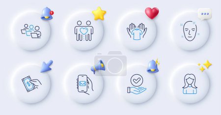 Illustration for Pay money, Hold t-shirt and Mail app line icons. Buttons with 3d bell, chat speech, cursor. Pack of Woman, Teamwork, Health skin icon. Friends couple, Approved checkbox pictogram. Vector - Royalty Free Image
