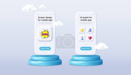 Illustration for Wow comic bubble banner. Phone mockup on podium. Product offer 3d pedestal. Discount sticker shape. Sale coupon icon. Background with 3d clouds. Wow bubble promotion message. Vector - Royalty Free Image