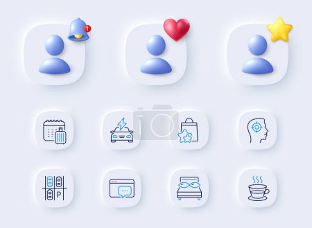 Illustration for Parking place, Coffee cup and Seo message line icons. Placeholder with 3d bell, star, heart. Pack of Recruitment, Loyalty points, Baggage calendar icon. Pillows, Car charging pictogram. Vector - Royalty Free Image