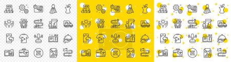 Illustration for Outline Instruction info, Quick tips and Bike path line icons pack for web with Dress, Report document, Microphone line icon. Qr code, Truck transport, Restaurant food pictogram icon. Vector - Royalty Free Image