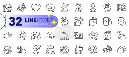 Illustration for Outline set of Friends couple, Vaccination appointment and Airport transfer line icons for web with Like, Outsource work, Inflation thin icon. Employees teamwork, Yummy smile. Vector - Royalty Free Image