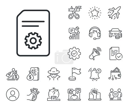 Illustration for Information File with Cogwheel sign. Salaryman, gender equality and alert bell outline icons. Document Management line icon. Paper page concept symbol. File Settings line sign. Vector - Royalty Free Image