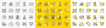Illustration for Outline Recovery server, Christmas tree and Loyalty star line icons pack for web with Checkbox, Businessman person, E-mail line icon. Signing document, Food delivery, Croissant pictogram icon. Vector - Royalty Free Image