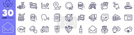 Illustration for Seo message, Coffee break and Fraud line icons pack. App settings, Discounts calendar, Message web icon. Transport insurance, Seo analysis, 360 degrees pictogram. Copy files, Human sing. Vector - Royalty Free Image