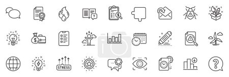 Illustration for Icons pack as Winner star, Inspiration and Idea line icons for app include Checklist, Flammable fuel, Globe outline thin icon web set. Decreasing graph, Software bug, Brand contract pictogram. Vector - Royalty Free Image