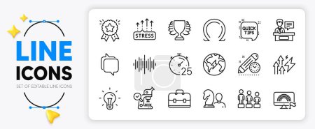 Illustration for Project deadline, Messenger and Idea line icons set for app include Lgbt, Quick tips, Chess outline thin icon. Equality, Timer, Stress grows pictogram icon. Exhibitors, Winner, Portfolio. Vector - Royalty Free Image