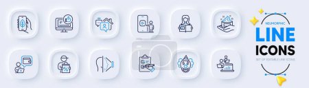 Illustration for Clown, Wallet and Skin care line icons for web app. Pack of Woman read, Checklist, Ecology app pictogram icons. Face id, Teamwork, Like video signs. Delivery discount, Phone video, Work home. Vector - Royalty Free Image