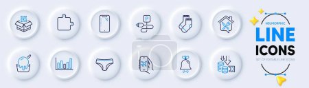 Illustration for Panties, Smartphone and Qr code line icons for web app. Pack of Charging parking, Ice cream, Deflation pictogram icons. Flight mode, Bell, Socks signs. Column chart, Puzzle, Food delivery. Vector - Royalty Free Image
