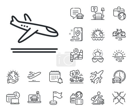 Illustration for Airplane landing sign. Plane jet, travel map and baggage claim outline icons. Airport arrivals plane line icon. Flight symbol. Arrivals plane line sign. Car rental, taxi transport icon. Vector - Royalty Free Image