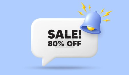 Illustration for Sale 80 percent off discount. 3d speech bubble banner with bell. Promotion price offer sign. Retail badge symbol. Sale chat speech message. 3d offer talk box. Vector - Royalty Free Image