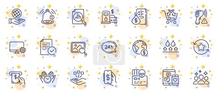 Illustration for Outline set of Social media, 24h service and Electronic thermometer line icons for web app. Include Atm service, Safe planet, Squad pictogram icons. Filling station, Safe time. Vector - Royalty Free Image