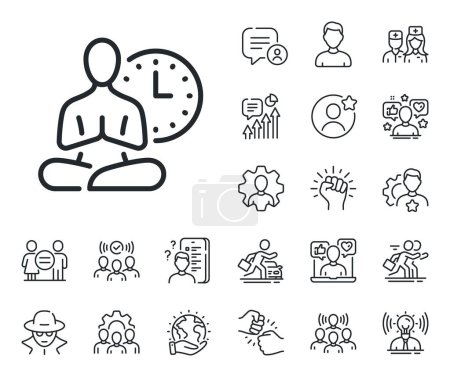 Illustration for Meditation pose sign. Specialist, doctor and job competition outline icons. Yoga line icon. Relax body and mind symbol. Yoga line sign. Avatar placeholder, spy headshot icon. Strike leader. Vector - Royalty Free Image