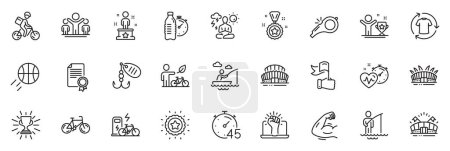 Illustration for Icons pack as Sports stadium, Timer and Winner star line icons for app include Winner, Boat fishing, Yoga outline thin icon web set. Arena stadium, Eco bike, Sports arena pictogram. Vector - Royalty Free Image