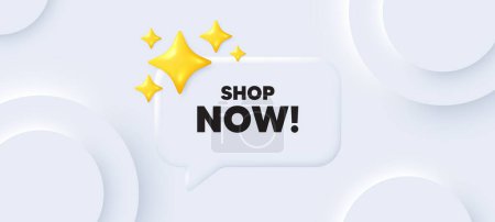 Illustration for Shop now tag. Neumorphic background with chat speech bubble. Special offer sign. Retail Advertising symbol. Shop now speech message. Banner with 3d stars. Vector - Royalty Free Image