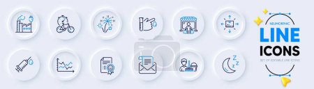 Illustration for Moon, Market buyer and Blood donation line icons for web app. Pack of Smile, Bike timer, Cleaning service pictogram icons. Medical syringe, Mail newsletter, Diagram chart signs. Factory. Vector - Royalty Free Image