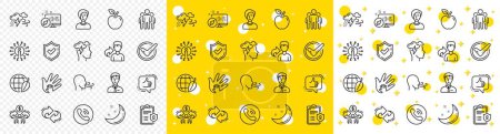 Illustration for Privacy Policy, Social Responsibility, Breath icons. Check mark, Sharing economy and Mindfulness stress, Breath people line icons. Bad weather, Tick check mark, sharing refer, stress. Vector - Royalty Free Image