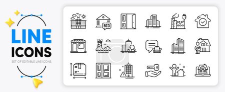Illustration for House security, Building warning and Hotel line icons set for app include Skyscraper buildings, Bid offer, Open door outline thin icon. Delivery man, Factory, Market pictogram icon. Vector - Royalty Free Image