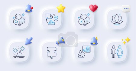 Illustration for Restroom, Fireworks and Vitamin k line icons. Buttons with 3d bell, chat speech, cursor. Pack of Puzzle, Budget accounting, Chromium mineral icon. Supply chain, Lotus pictogram. Vector - Royalty Free Image
