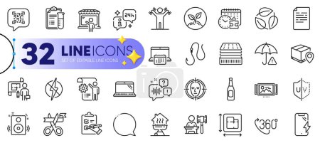 Illustration for Outline set of Medical analyzes, Settings blueprint and Antistatic line icons for web with Hook, Leaves, Speakers thin icon. Beer, Home grill, Auction pictogram icon. Floor plan. Vector - Royalty Free Image