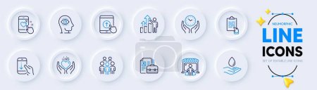 Illustration for Scroll down, Meditation eye and Swipe up line icons for web app. Pack of Clipboard, Market buyer, Vacancy pictogram icons. Employee results, Hold heart, Water care signs. Safe time. Vector - Royalty Free Image