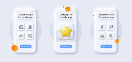 Illustration for Group, Pin and Moisturizing cream line icons pack. 3d phone mockups with star. Glass smartphone screen. Capsule pill, Ice cream, Passport warning web icon. Reminder, Spanner pictogram. Vector - Royalty Free Image